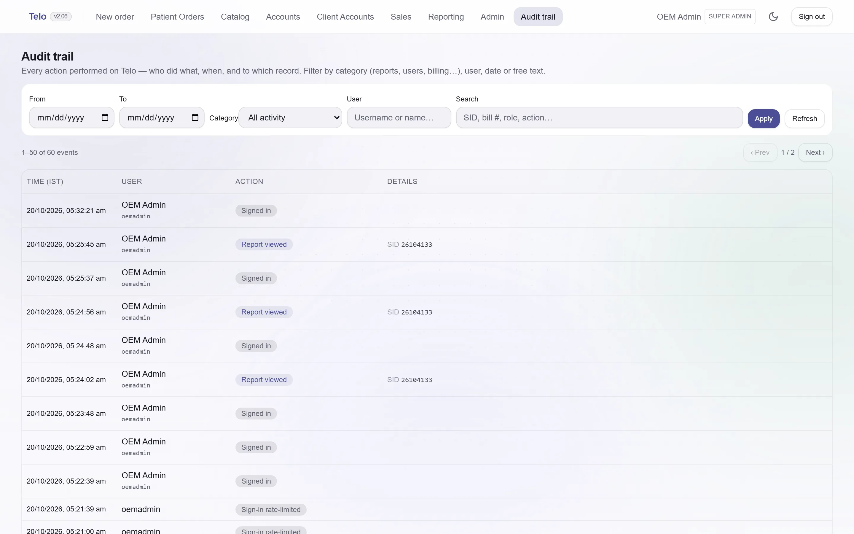 The audit trail with user, action and record
