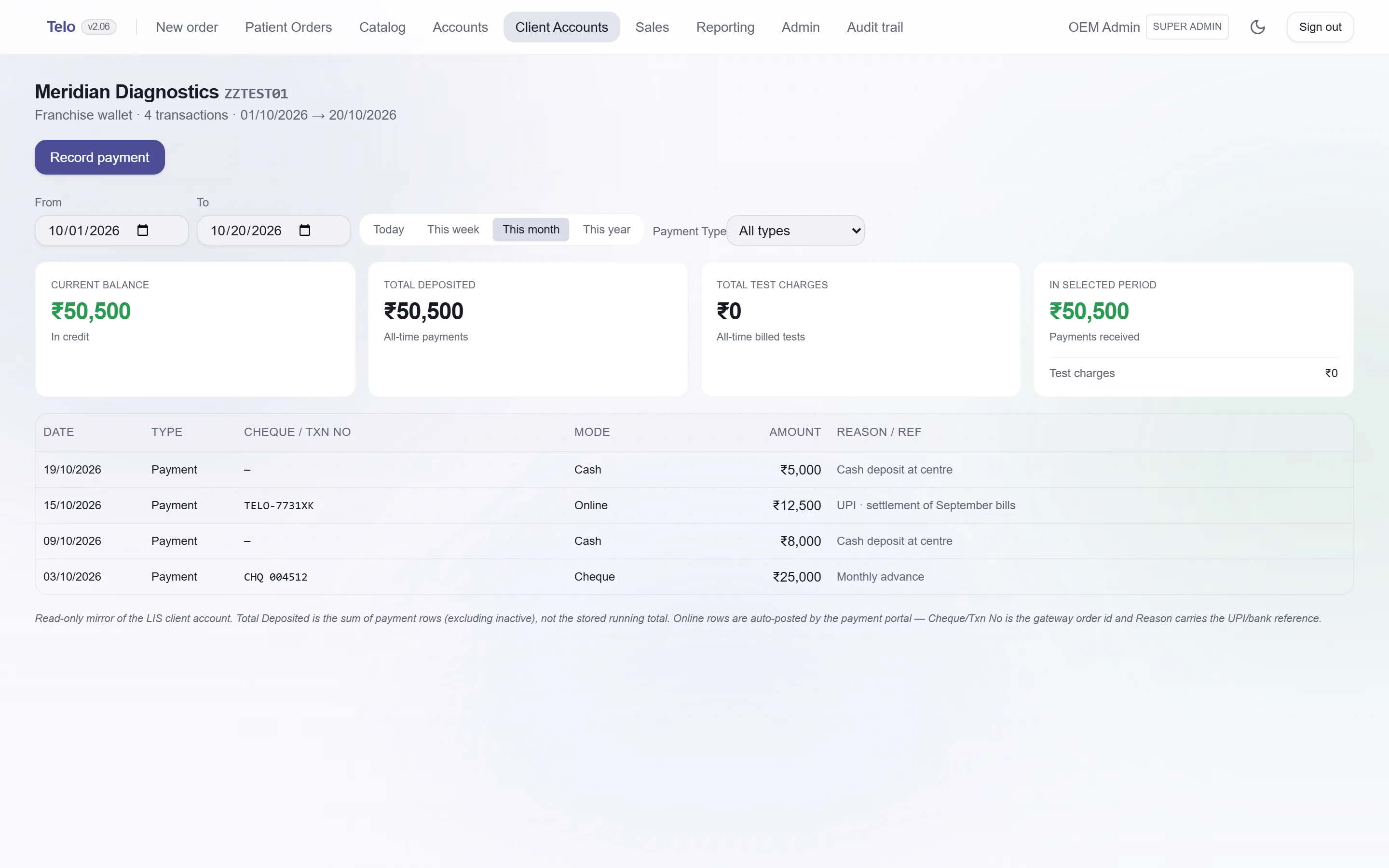 A client account ledger listing deposits, bills and the running balance