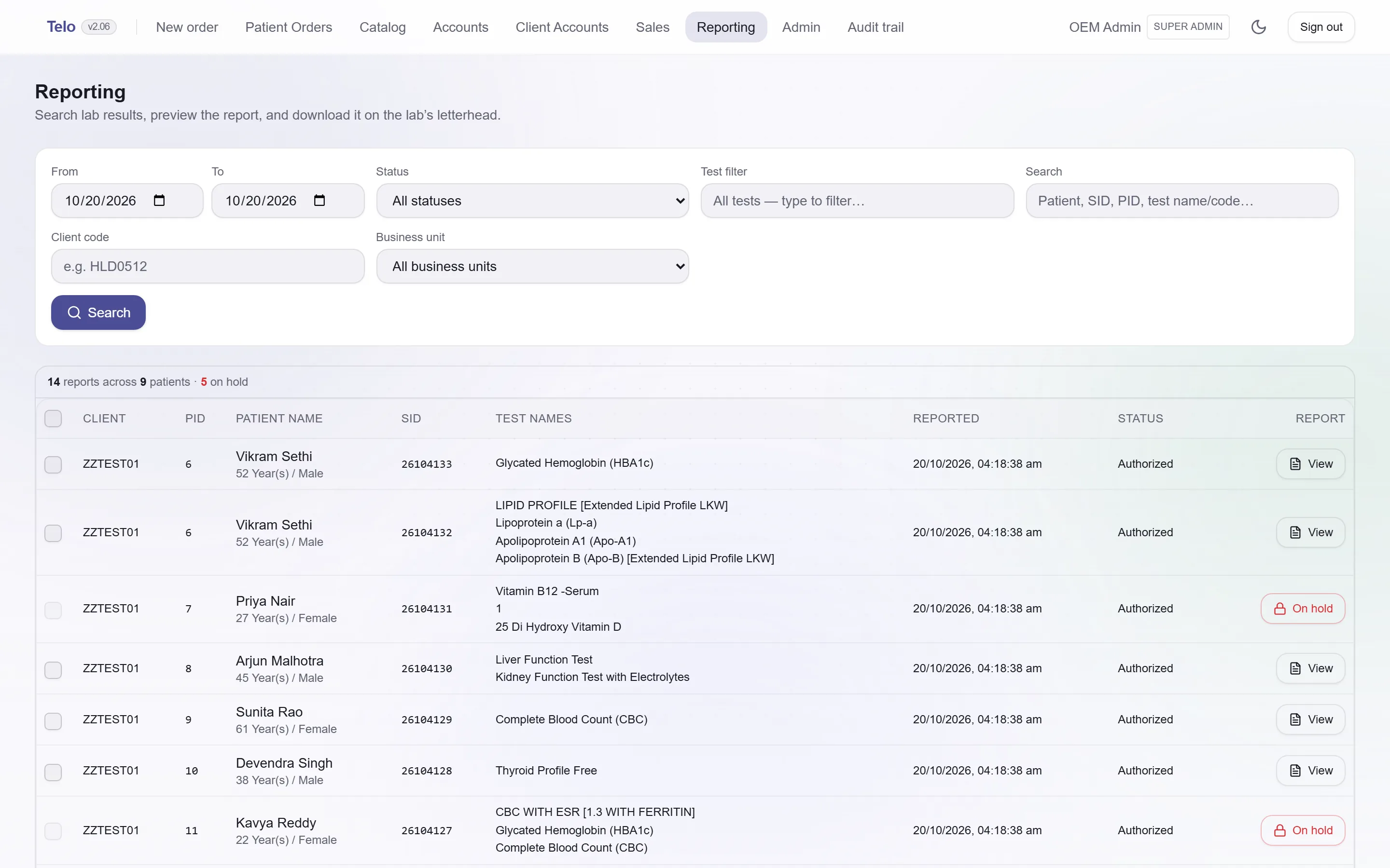The reporting search with filters and a list of releasable samples