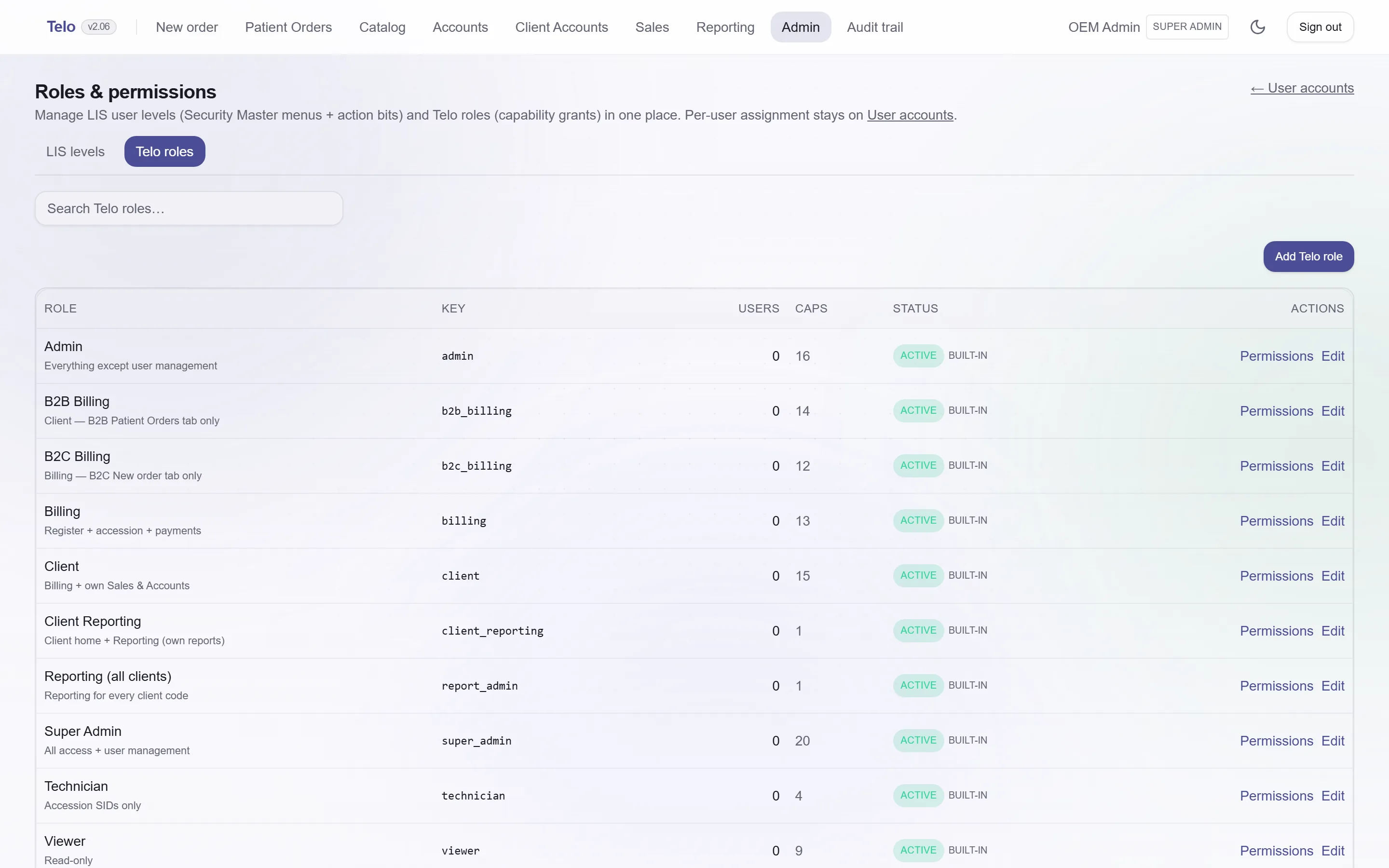 The roles and permissions screen